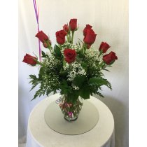 A Dozen Red Roses with Baby Breath