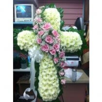 CR-12: Standing Cross with Pink Rose Sash by Mr Bokay Florist