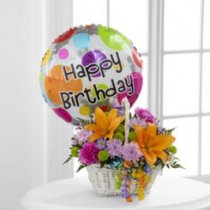 Birthday Blooms Bouquet in Basket with Mylar Balloon