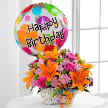 Birthday Blooms Bouquet in Basket with Mylar Balloon