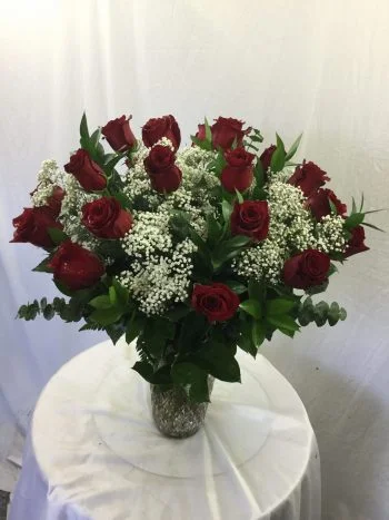 18 Red Roses with Baby Breath