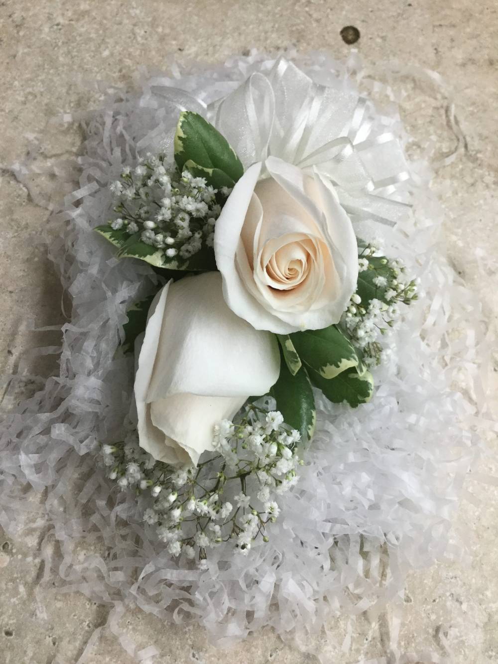 Double White Rose Wrist Corsage